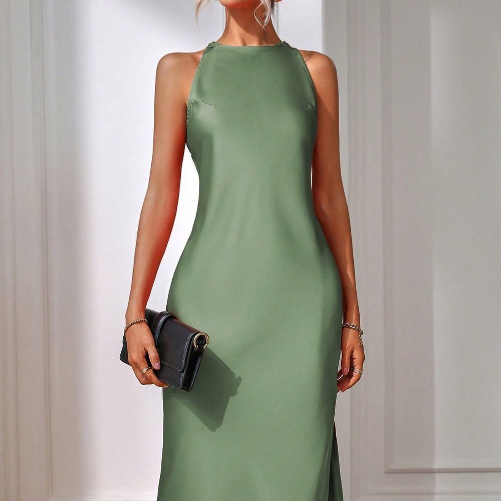 Green Preppy Womens Solid Split Thigh Dress - Picture 5 of 5